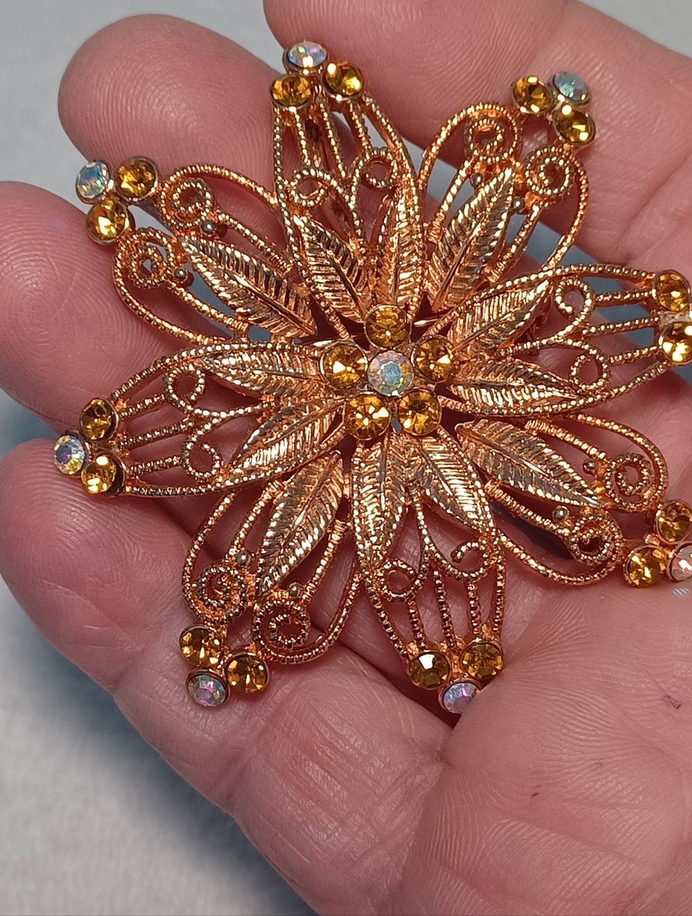 Flower Brooch and Pendant With Rhinestones-AB and Citrine Colors - Unbranded